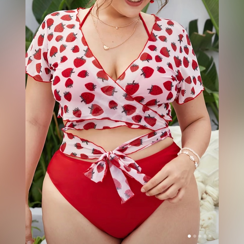 Three piece strawberry swimsuit with coverup new